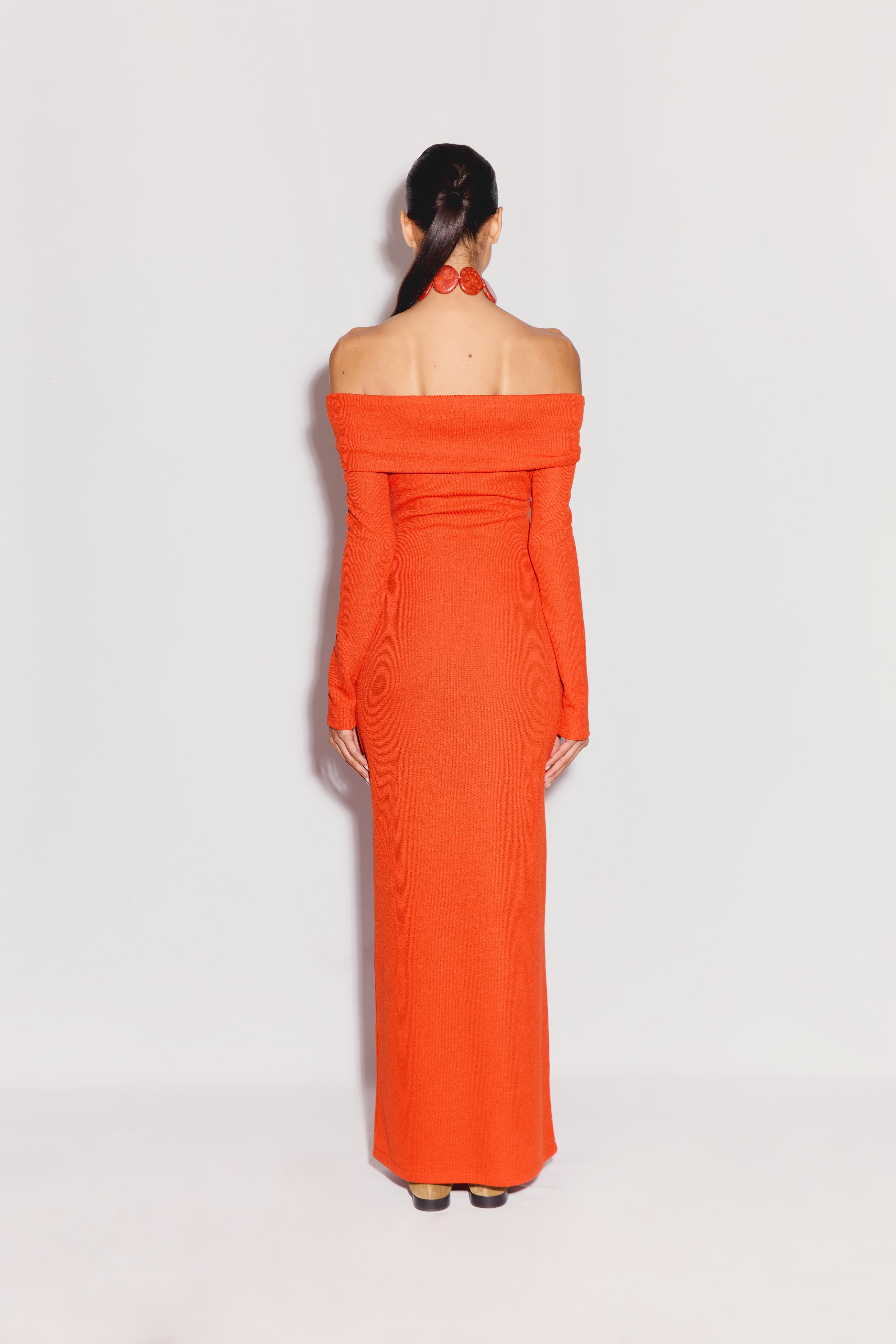 IRENE - Long Sleeved Off The Shoulder Maxi Dress - Orange XS IRENE - Long Sleeved Off The Shoulder Maxi Dress - Orange XS