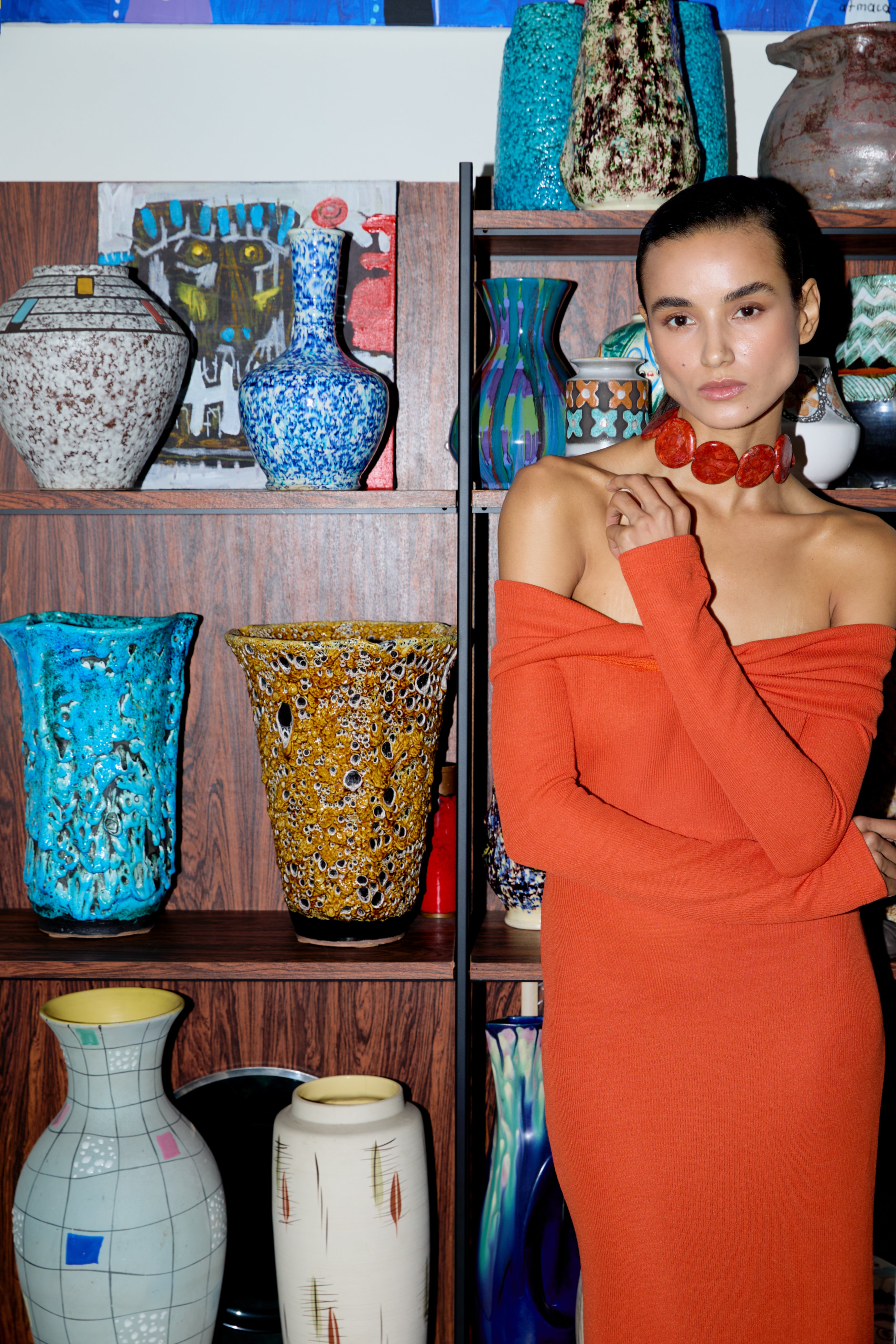 IRENE - Long Sleeved Off The Shoulder Maxi Dress - Orange S IRENE - Long Sleeved Off The Shoulder Maxi Dress - Orange S