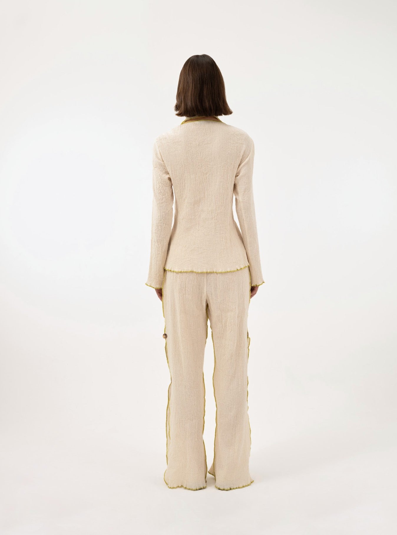MALAIKA - Crinkled Cream Pants With Green Piping – ANIM